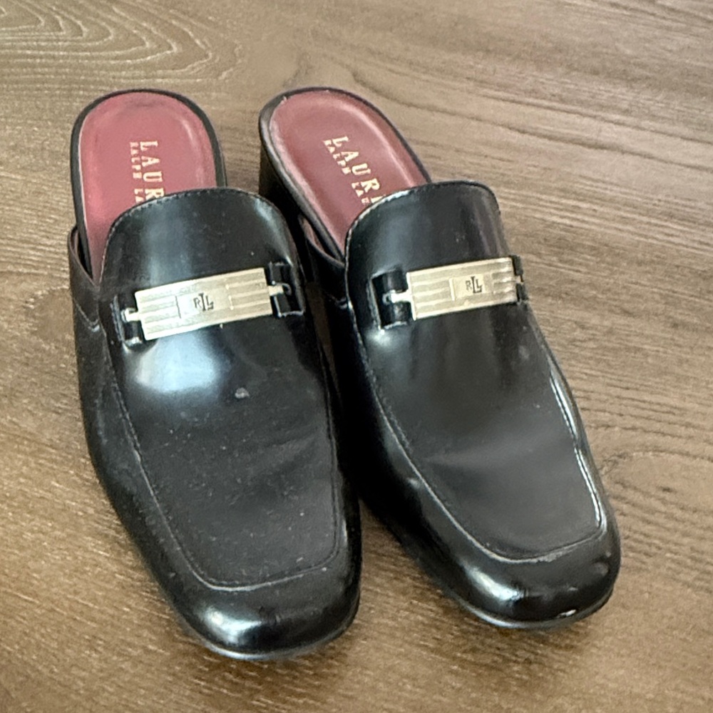 Lauren Ralph Lauren woman Black Leather Slip-On Loafers with Gold Hardware